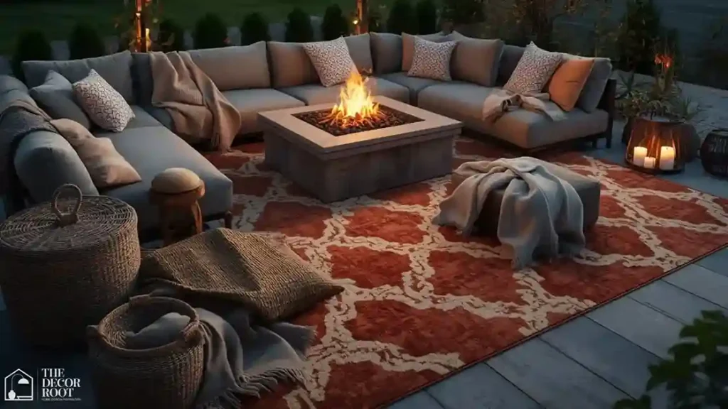 Ground-level cushion nest with an outdoor rug near a backyard firepit