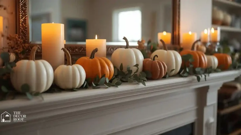Row of white and orange pumpkins styled along a fireplace mantel with garland