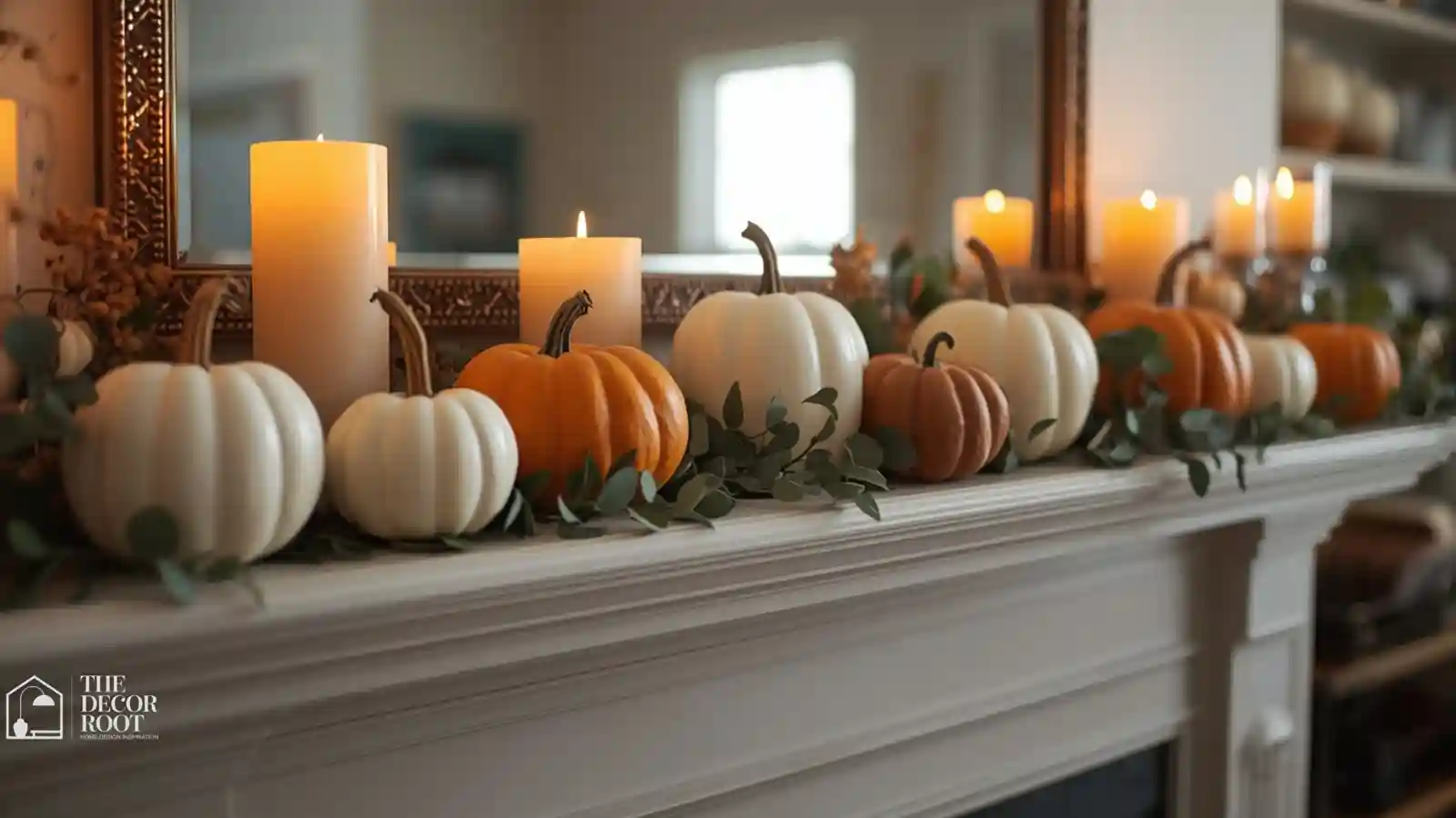 Row of white and orange pumpkins styled along a fireplace mantel with garland