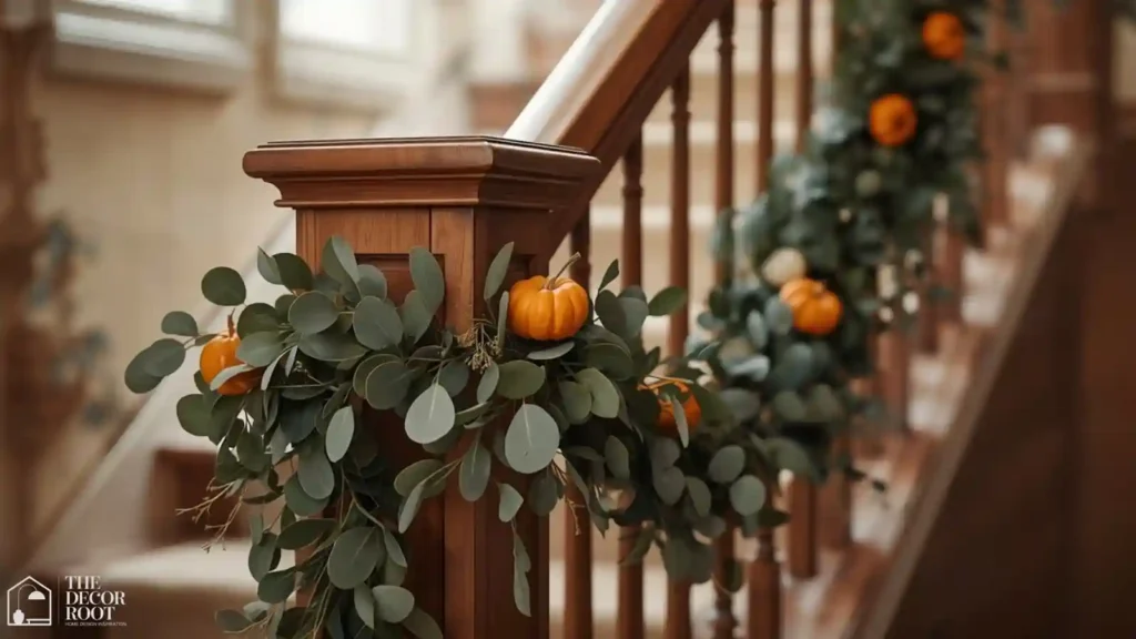 Staircase handrail styled with greenery garland and mini pumpkins