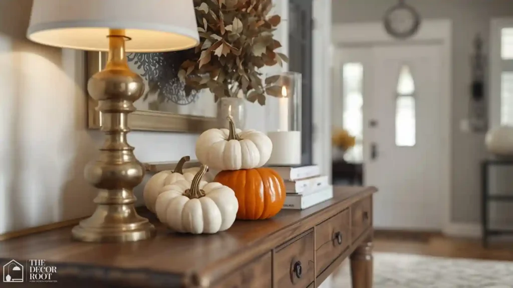 Entry table styled with pumpkins, a lamp, and books for a fall vignette