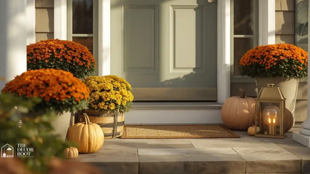Budget-friendly fall curb appeal with mums, pumpkins, and lantern lighting on a front porch