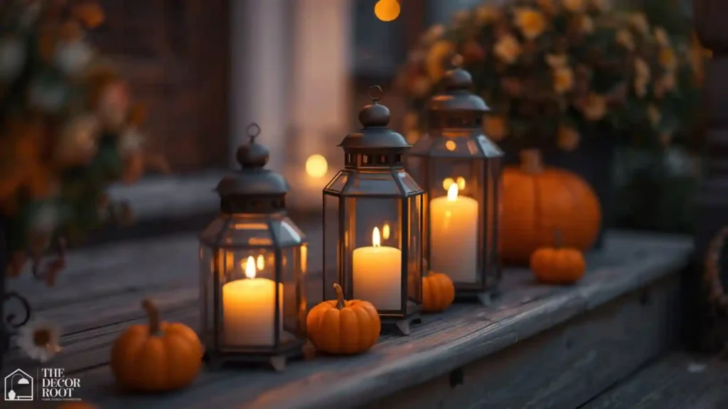 Grouped lanterns of varying heights with warm candlelight on a fall porch step
