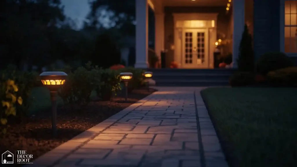 Solar path lights lining a front walkway leading to a fall-decorated porch