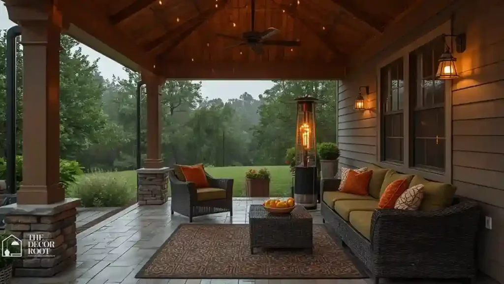Cozy covered patio set up for rainy fall days with weatherproof seating and warm lighting