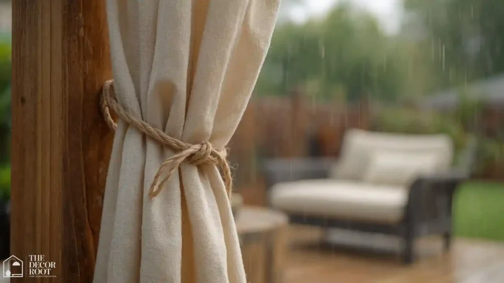 Outdoor curtain panels tied back along the open side of a covered patio