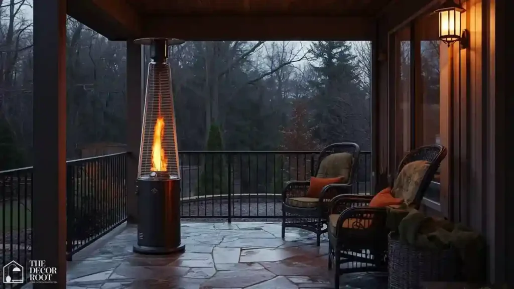 Freestanding patio heater glowing warm on a covered patio during a rainy fall afternoon.