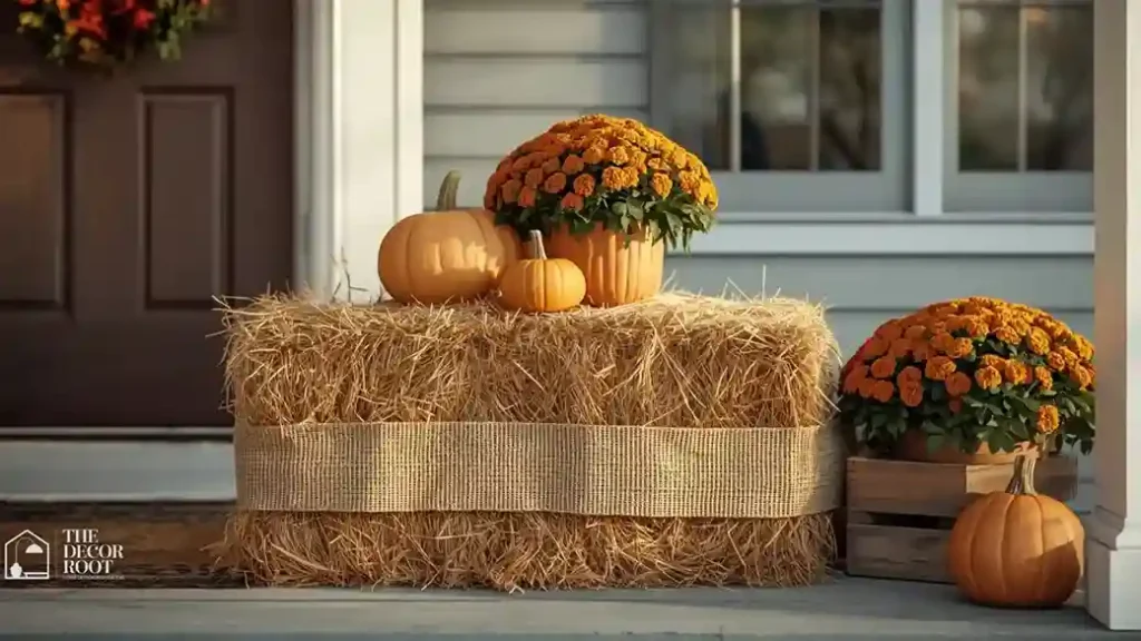 Styled hay bale display with pumpkins, mums, and fall florals on a front porch