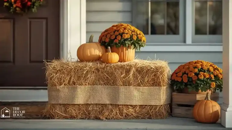 Styled hay bale display with pumpkins, mums, and fall florals on a front porch