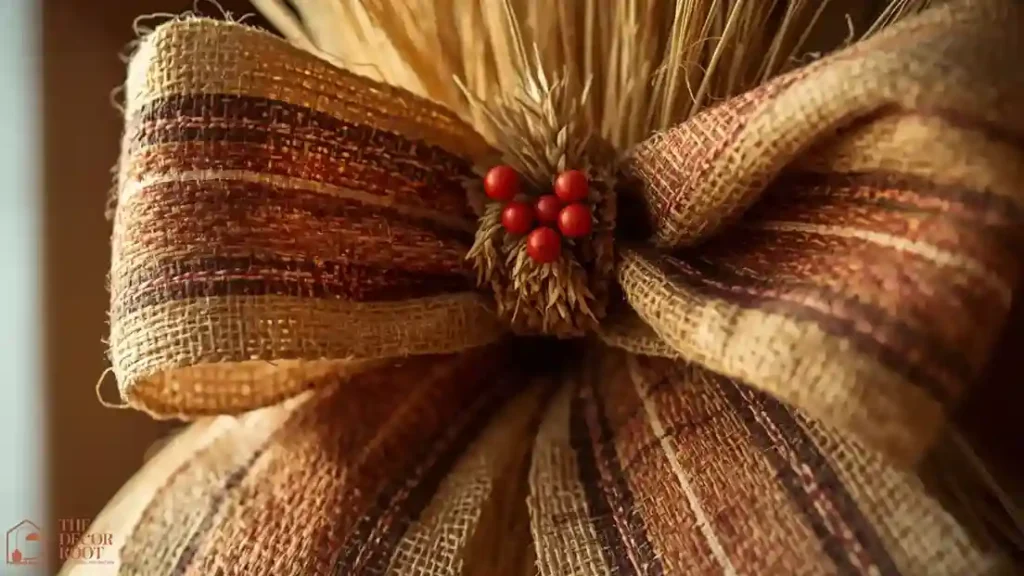 Close-up of a wide rust ribbon cinched around a burlap-wrapped hay bale with faux florals tucked in