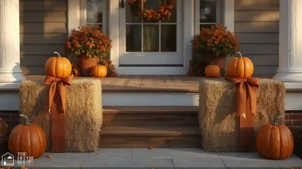 Two matching styled hay bales flanking front porch steps symmetrically