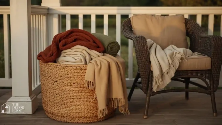 Woven storage basket filled with folded plaid throw blankets on a covered patio