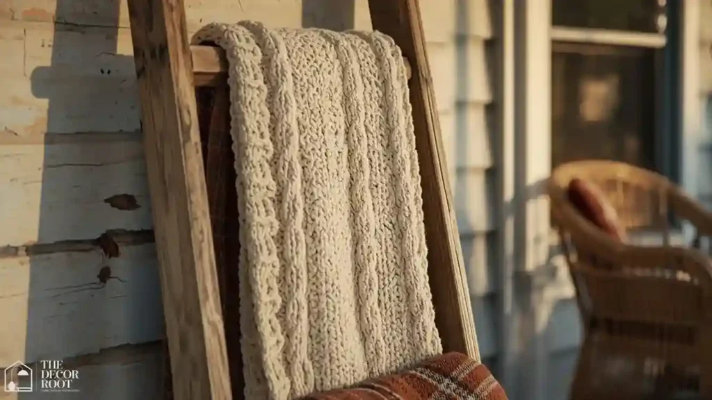 Wall-mounted wood blanket ladder holding folded throws on a covered porch