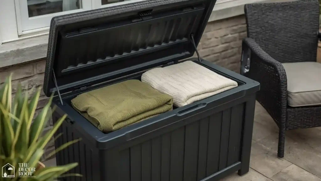 Waterproof outdoor deck box open with folded blankets beside patio seating