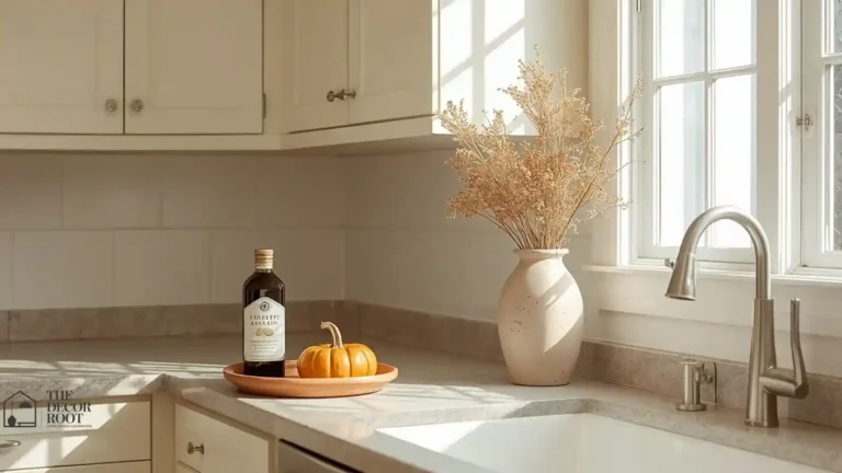 Styled fall kitchen counter with ceramic vignette, dried florals, and wood riser