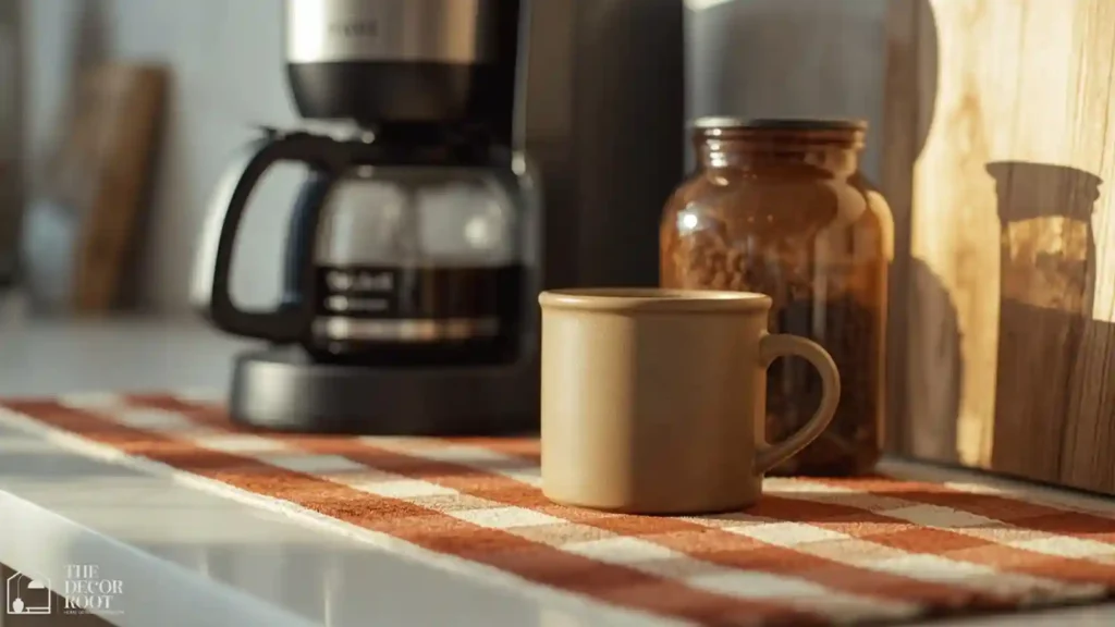Fall coffee station with plaid runner and stoneware coffee canister on kitchen counter