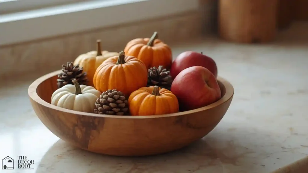 Wood dough bowl filled with mini pumpkins on a fall styled kitchen counter