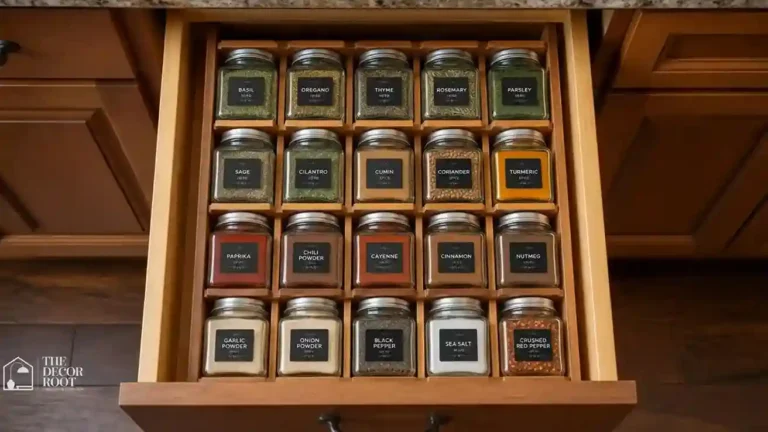 Organized spice drawer with labeled glass jars for fall baking