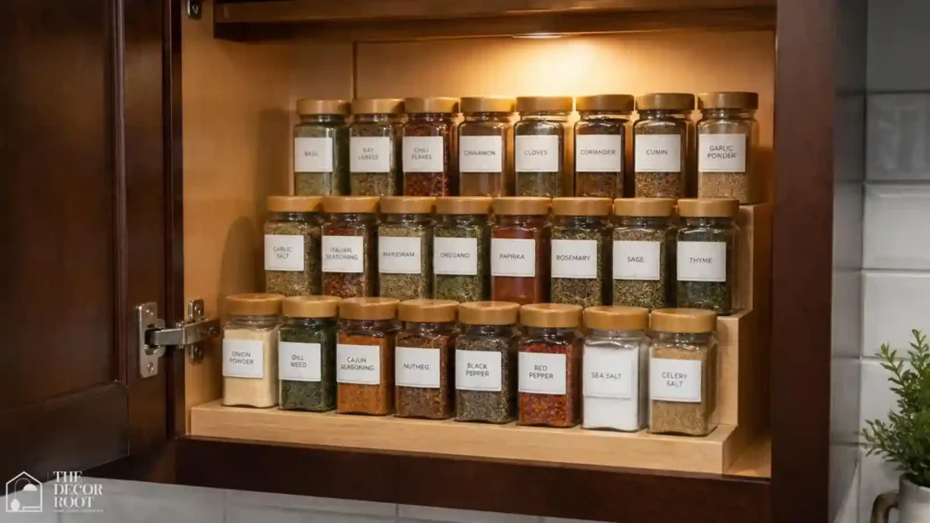Tiered spice rack shelf insert inside kitchen cabinet with baking spice jars