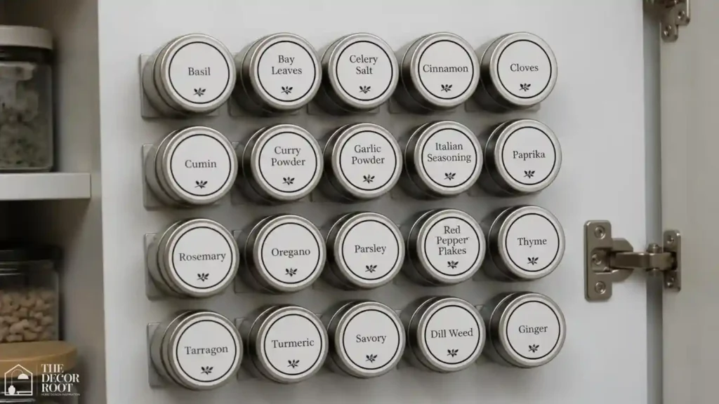 Magnetic spice tins mounted on the inside of a kitchen cabinet door