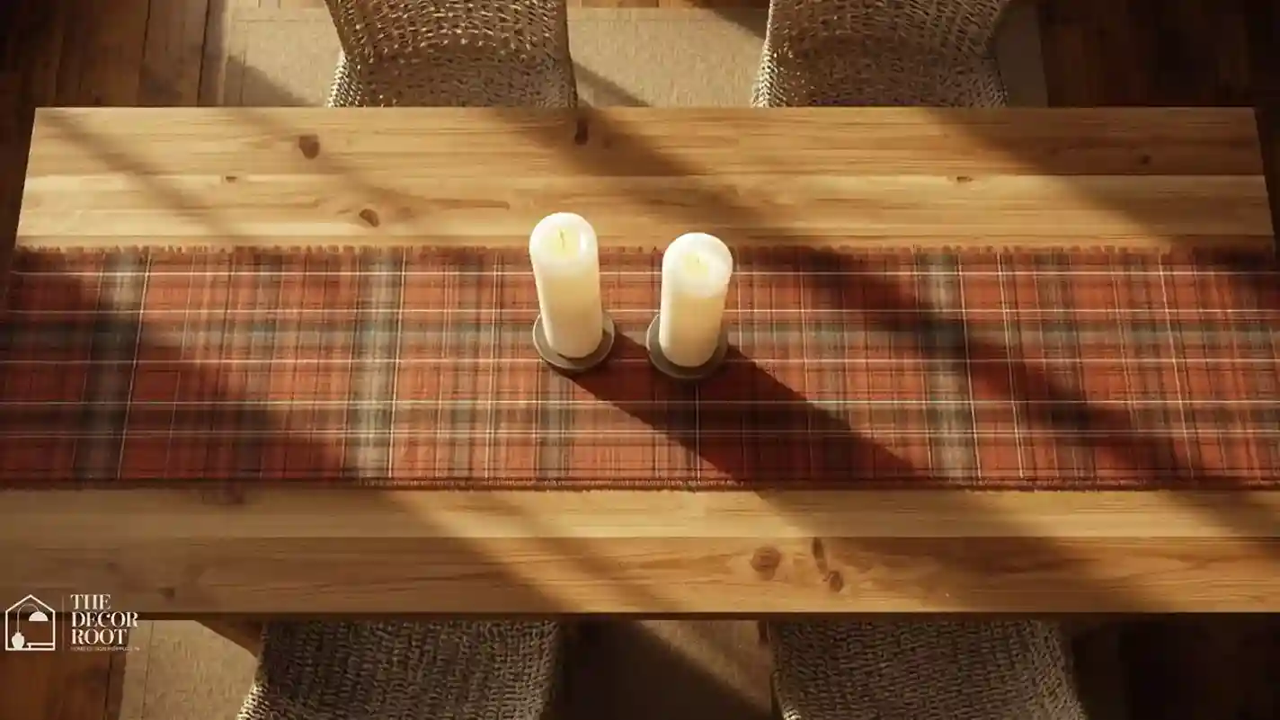Rust plaid table runner styled on a wood kitchen table with taper candles