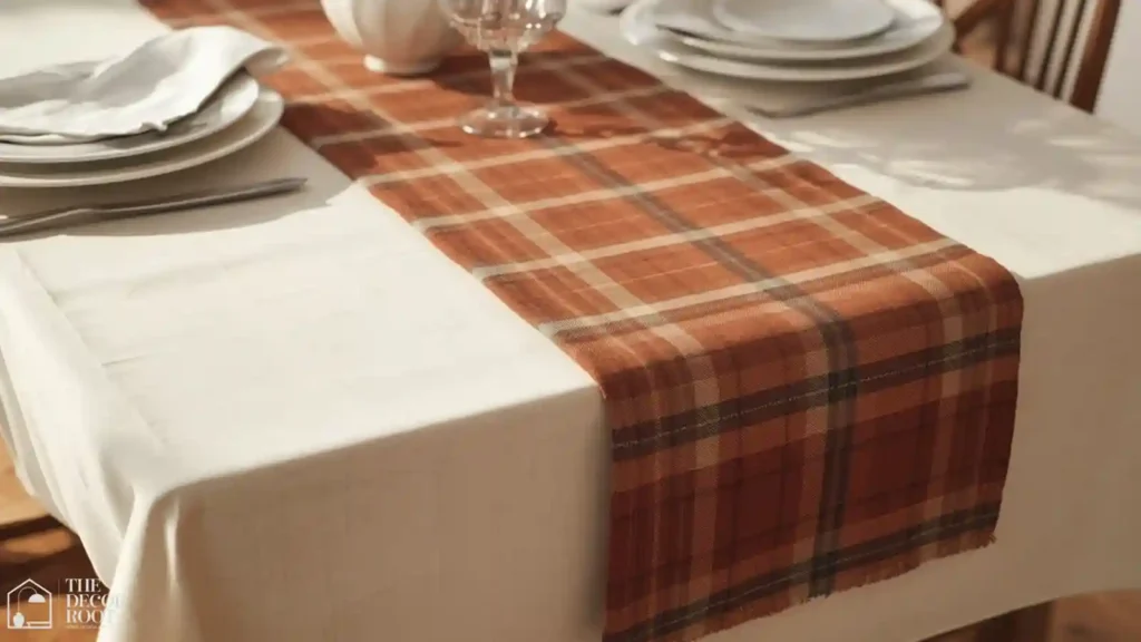 Fall table runner layered over a cream tablecloth on a dinner table