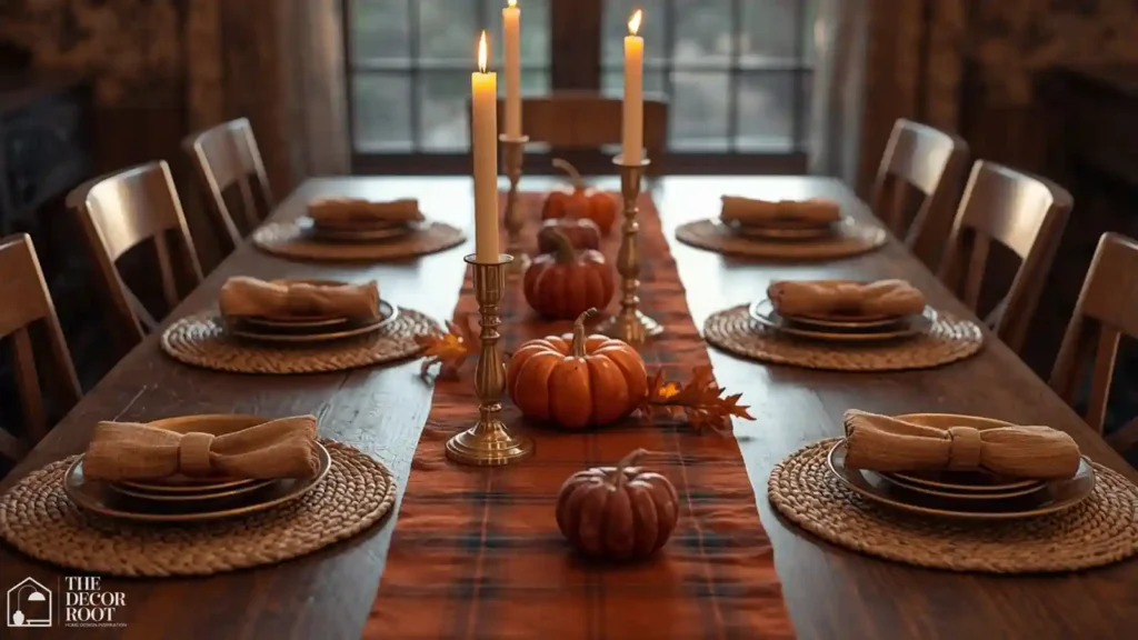 Fall table runner styled with taper candles and woven placemats
