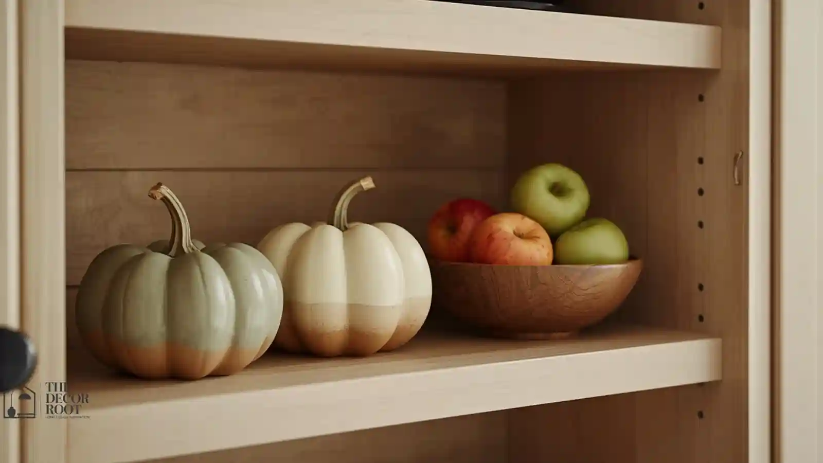 Tastefully styled kitchen shelf with ceramic pumpkins and apples in a wood bowl