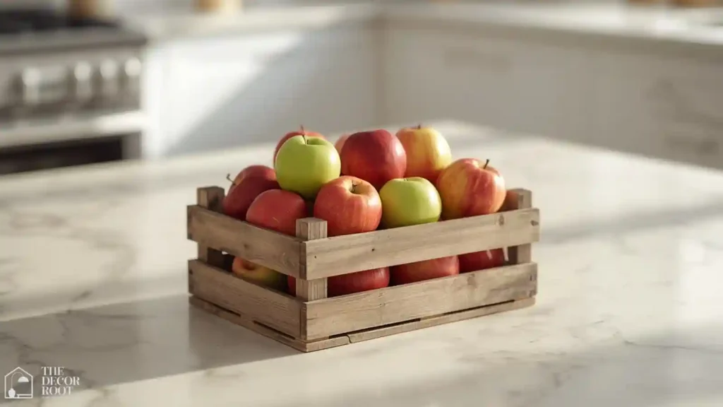 Small wood crate filled with mini apples on a kitchen island