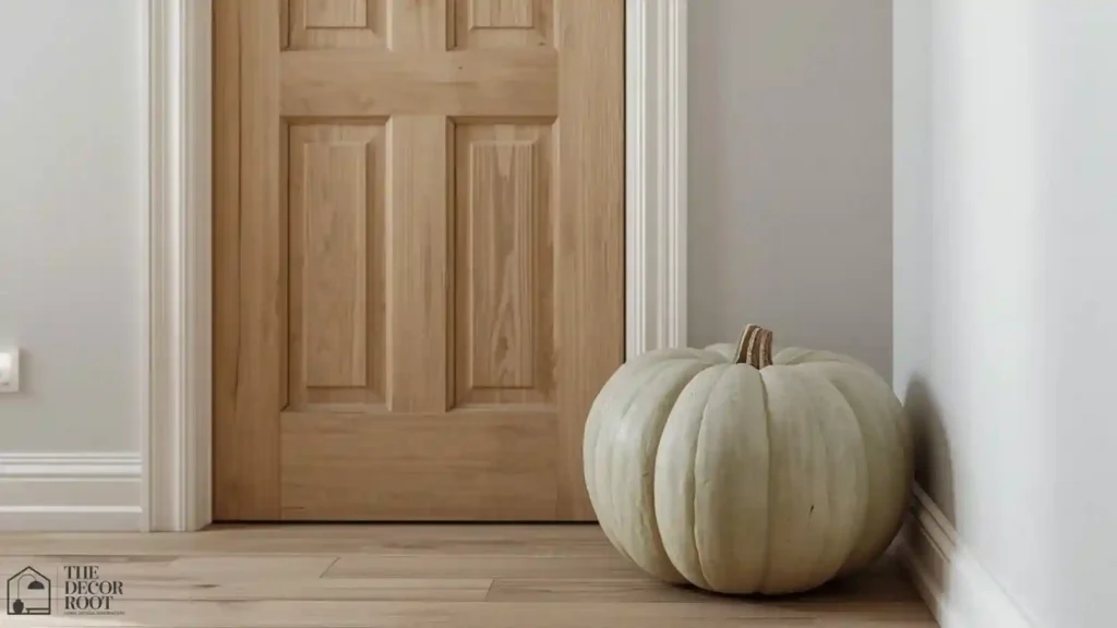 Single large muted pumpkin resting on the floor beside a kitchen pantry door