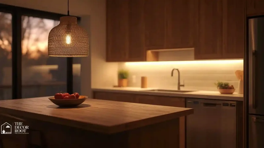 Warm kitchen lighting ideas with layered pendant and under-cabinet light over a wood island at dusk