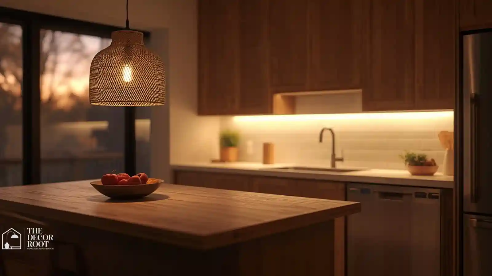 Warm kitchen lighting ideas with layered pendant and under-cabinet light over a wood island at dusk