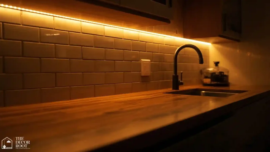 Warm white under-cabinet LED lighting glowing over a kitchen countertop at night