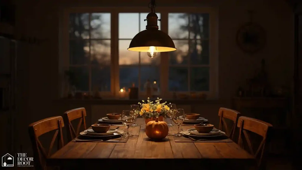 Small brass chandelier hanging low over a wooden kitchen table set for dinner