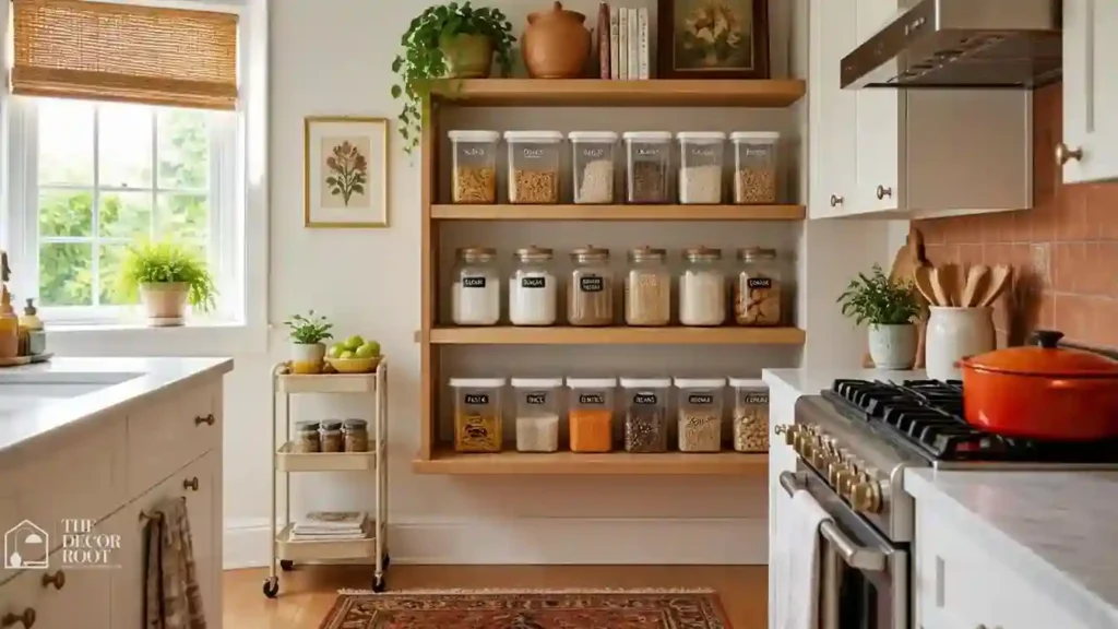 Small kitchen with organized open shelving and stacked clear storage bins before holiday cooking
