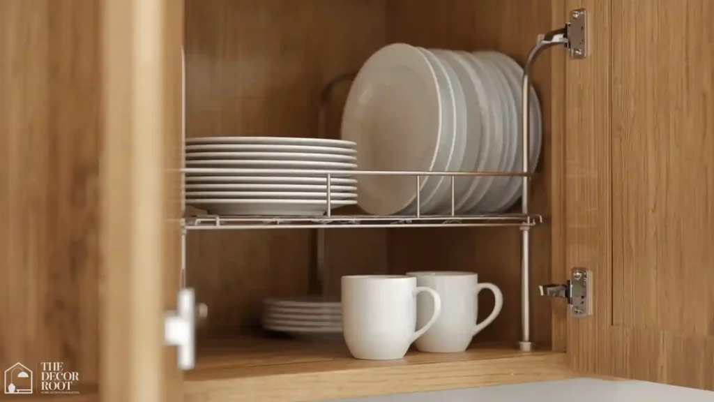 Inside a kitchen cabinet with riser shelves and vertical dividers organizing dishes