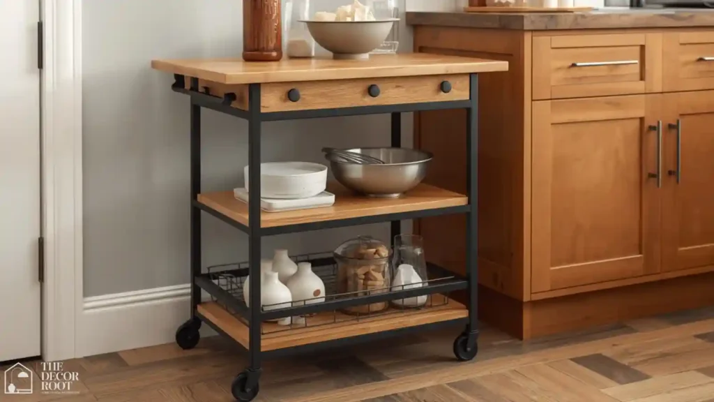 Rolling kitchen storage cart used as extra counter space beside an oven