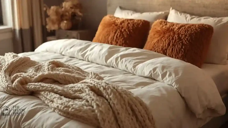 Layered fall bedding with flannel sheets, a chunky knit throw, and faux-fur pillow on a bed