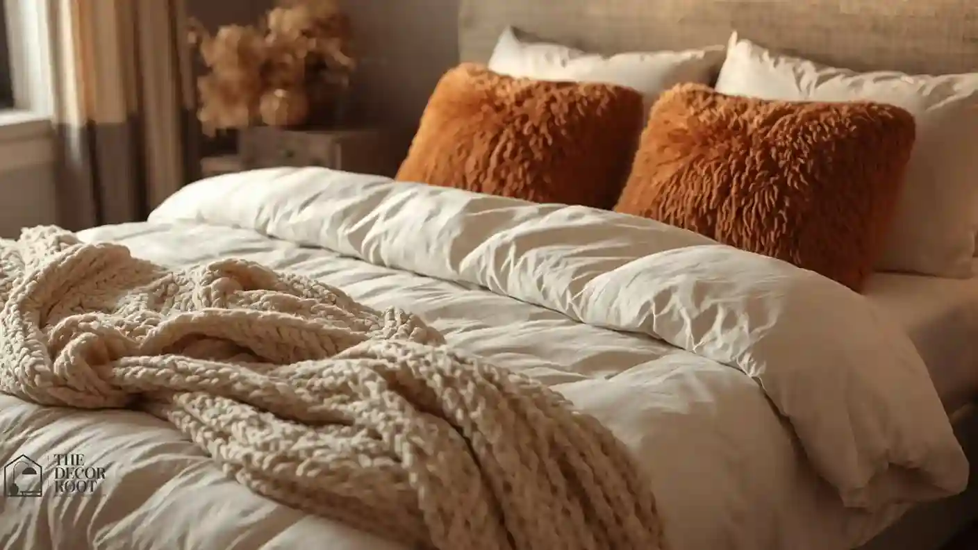 Layered fall bedding with flannel sheets, a chunky knit throw, and faux-fur pillow on a bed