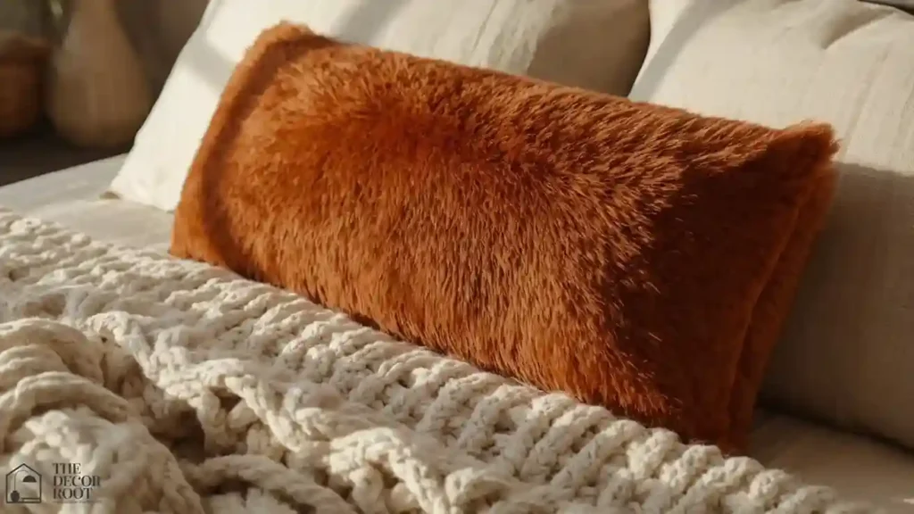 Close up of layered bedding textures including chunky knit throw and faux fur pillow