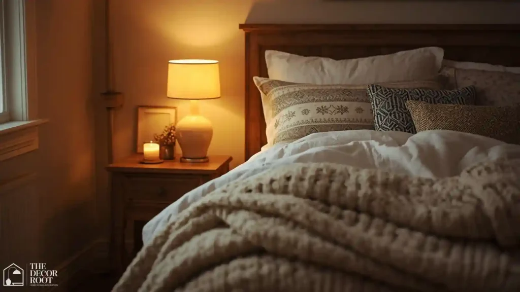 	Warmly lit bedside lamp beside a layered fall bed with knit throw and Euro shams