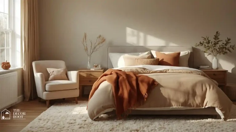 Cozy fall bedroom with flannel bedding, boucle chair, and chunky wool rug