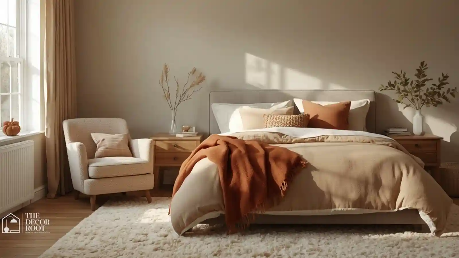 Cozy fall bedroom with flannel bedding, boucle chair, and chunky wool rug