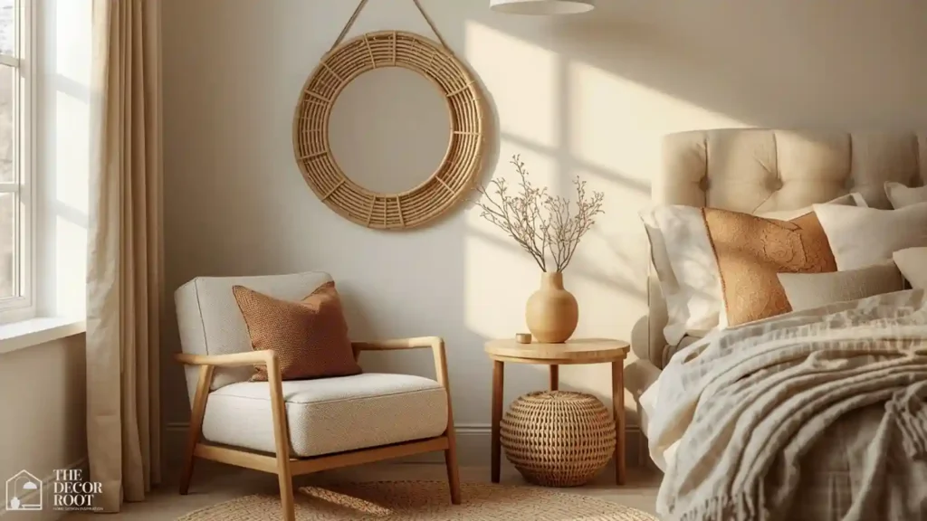 Boucle accent chair in the corner of a textured fall bedroom