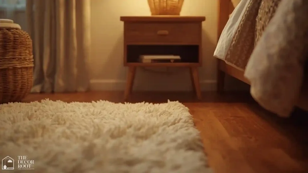 Chunky wool rug and rattan wood lamp beside a warm wood nightstand