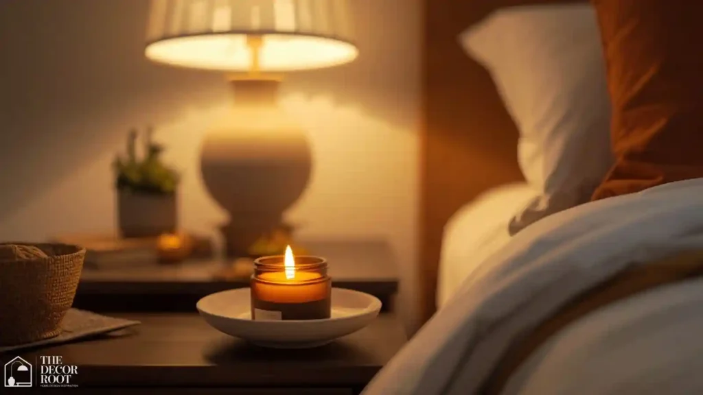 Apple harvest candle styled on a bedroom nightstand with warm lighting