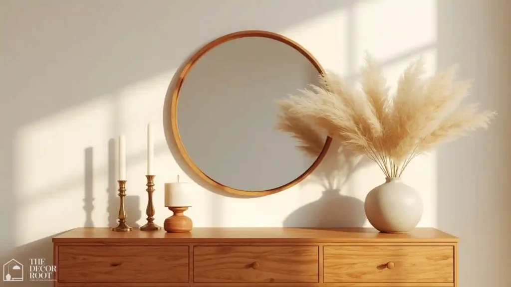 Dresser styled like a mantel with candles, mirror, and dried grasses for fall