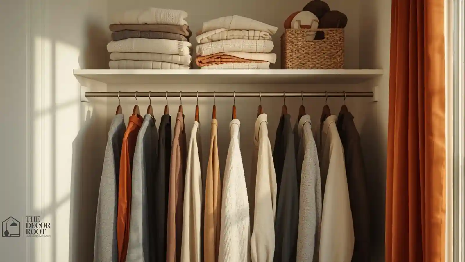 Small bedroom closet organized with double hang rods and folded sweater bins