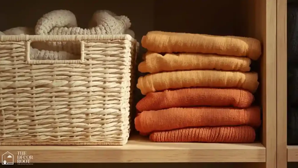 Stackable bins of folded sweaters organized by color on a closet shelf