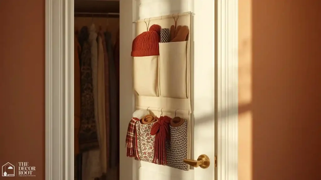 Closet door hanging organizer filled with scarves, gloves, and accessories